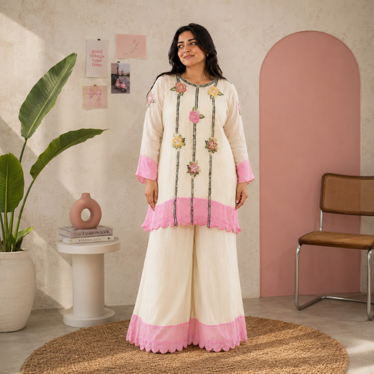 Gulnaar Co-ord Set / 2-Piece Co-ord Set / Ivory with Blush Pink Accents- M2585