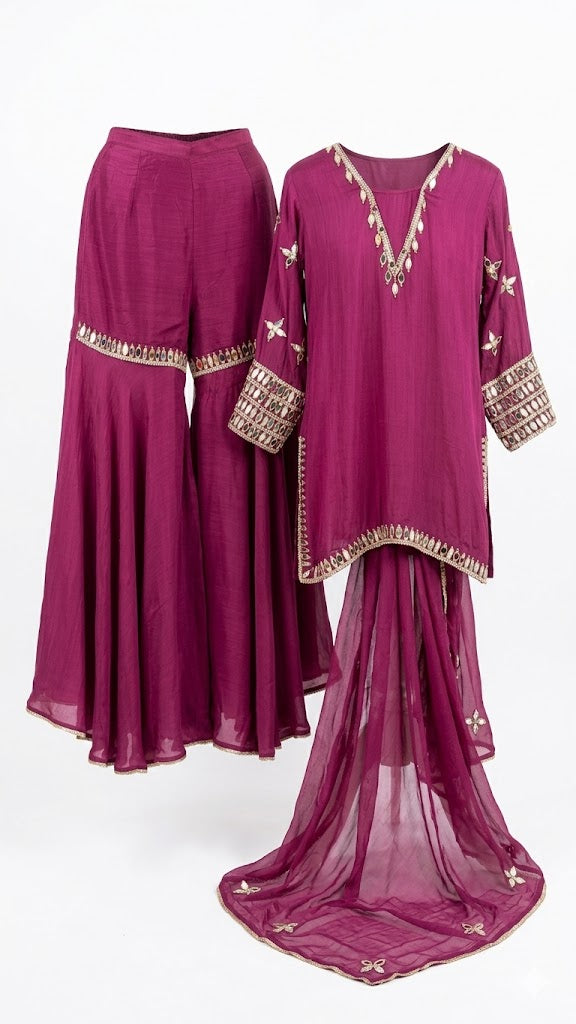 3-Piece Gharara Set / Rich Berry Plum - M2509