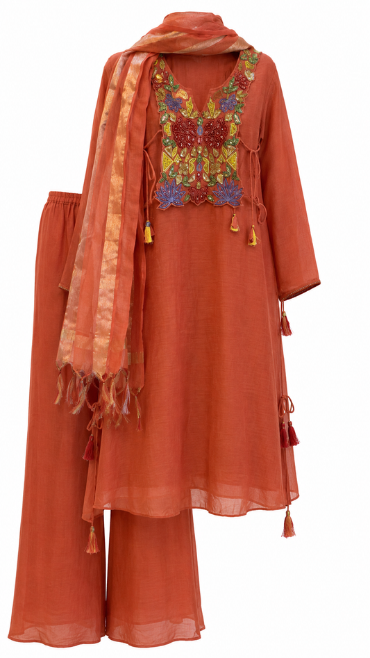 Rustanara 3-Piece Kurta Set / Rustic Terracotta Rust - SM105