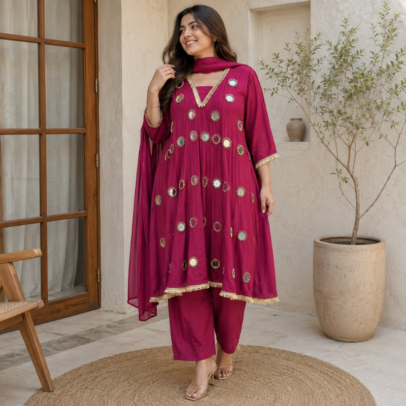 Jaal Anarkali Set - 3-Piece Anarkali Set / Vibrant maroon - M2517
