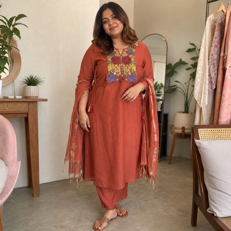Rustanara 3-Piece Kurta Set / Rustic Terracotta Rust - SM105