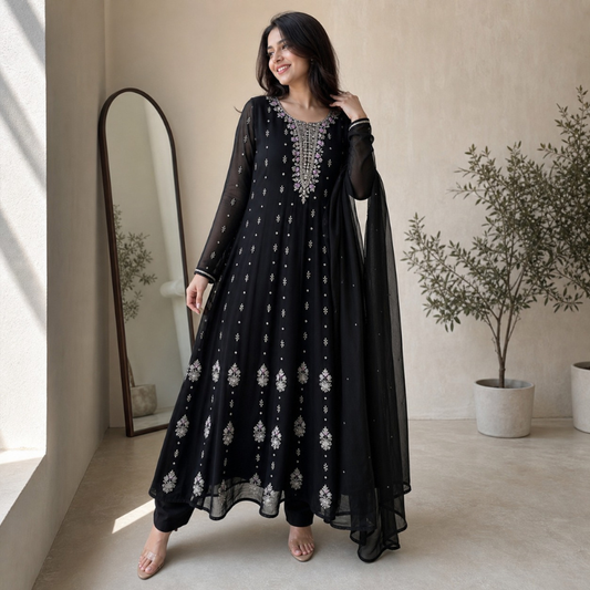 3-Piece Anarkali Set / Classic Midnight Black - F113