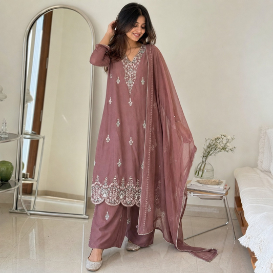 Rust Rose Embroidered Suit Set - 3-Piece Suit Set / Rust Brown - RJ11