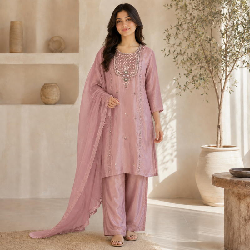 3-Piece Suit Set - Soft Blush Pink / Ensemble Adorned with Delicate Embroidery - LB77
