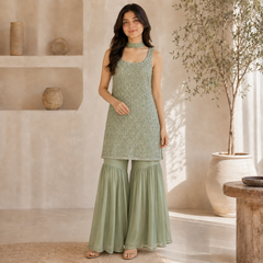 3-Piece Gharara Set / Soft Sage Green - LB80