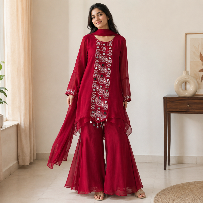 3-piece Gharara set / Rich Crimson Red- M2451