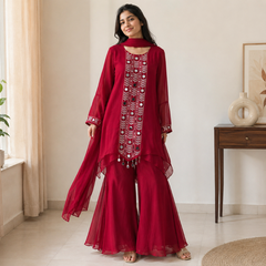 3-piece Gharara set / Rich Crimson Red- M2451
