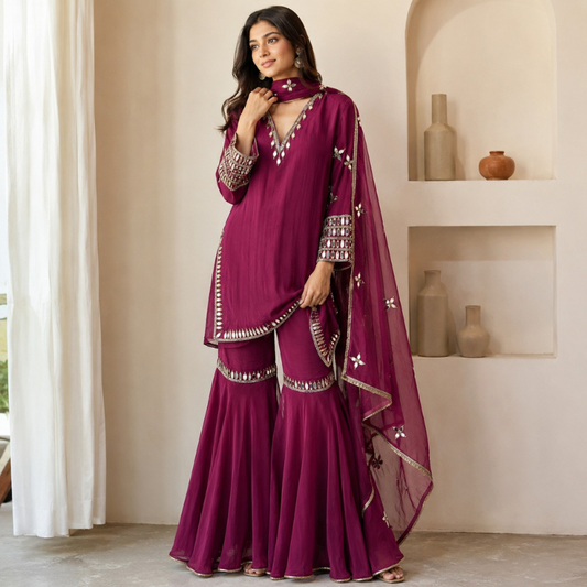 3-Piece Gharara Set / Rich Berry Plum - M2509