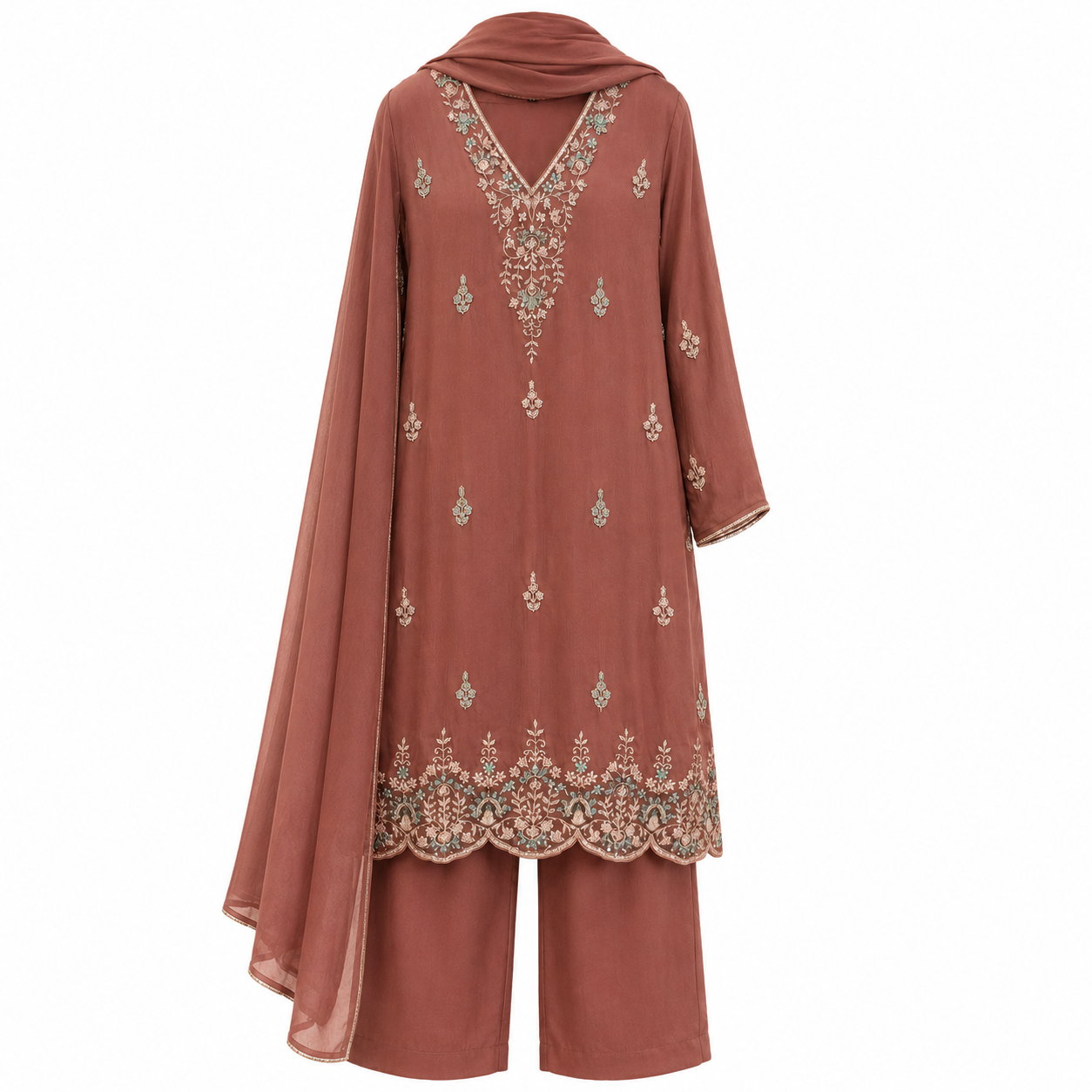 Rust Rose Embroidered Suit Set - 3-Piece Suit Set / Rust Brown - RJ11