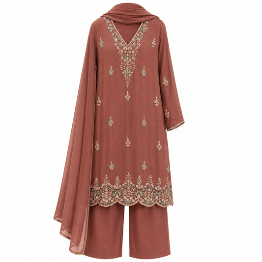 Rust Rose Embroidered Suit Set - 3-Piece Suit Set / Rust Brown - RJ11